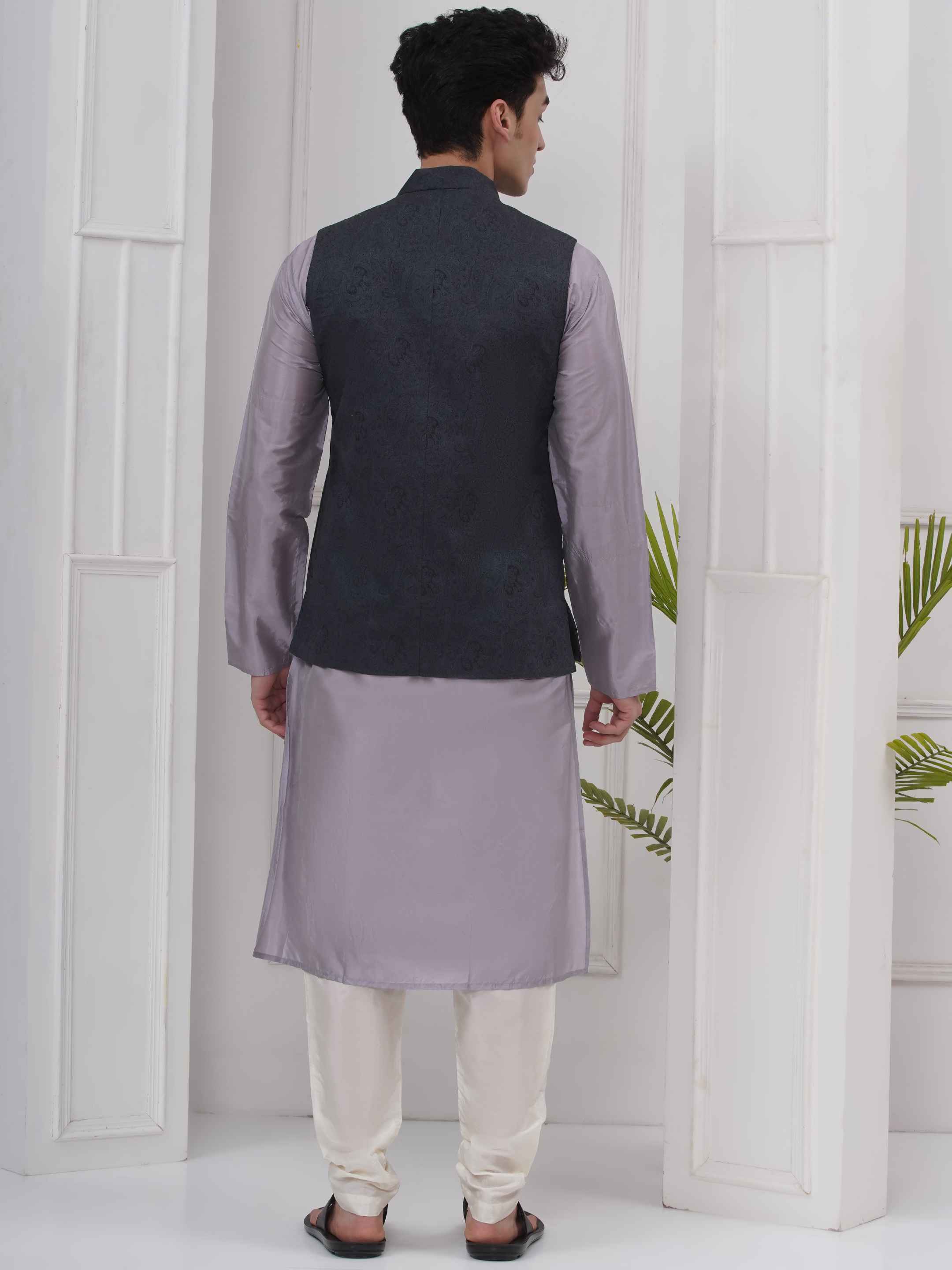Mens Readymade Cotton Popline Print Kurta And Pyjama with Nehru Jacket