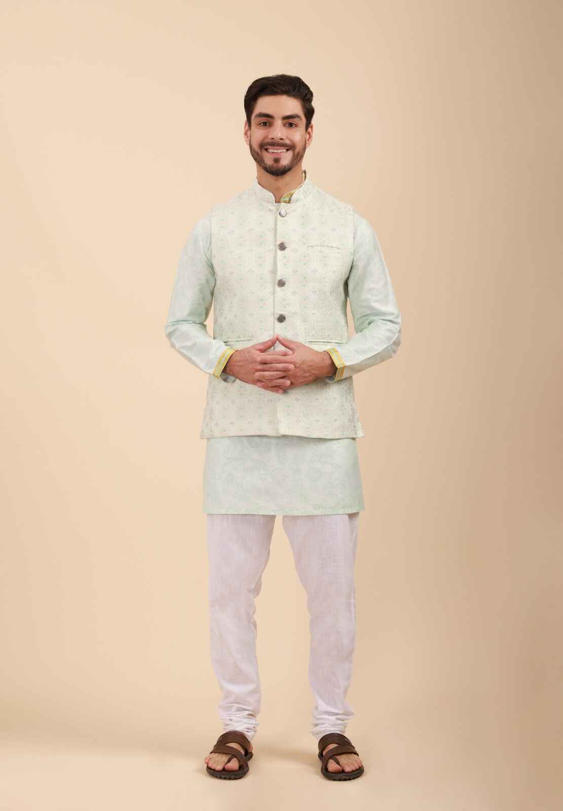 Men Printed Kurta Set with Nehru Jacket & Pyjama