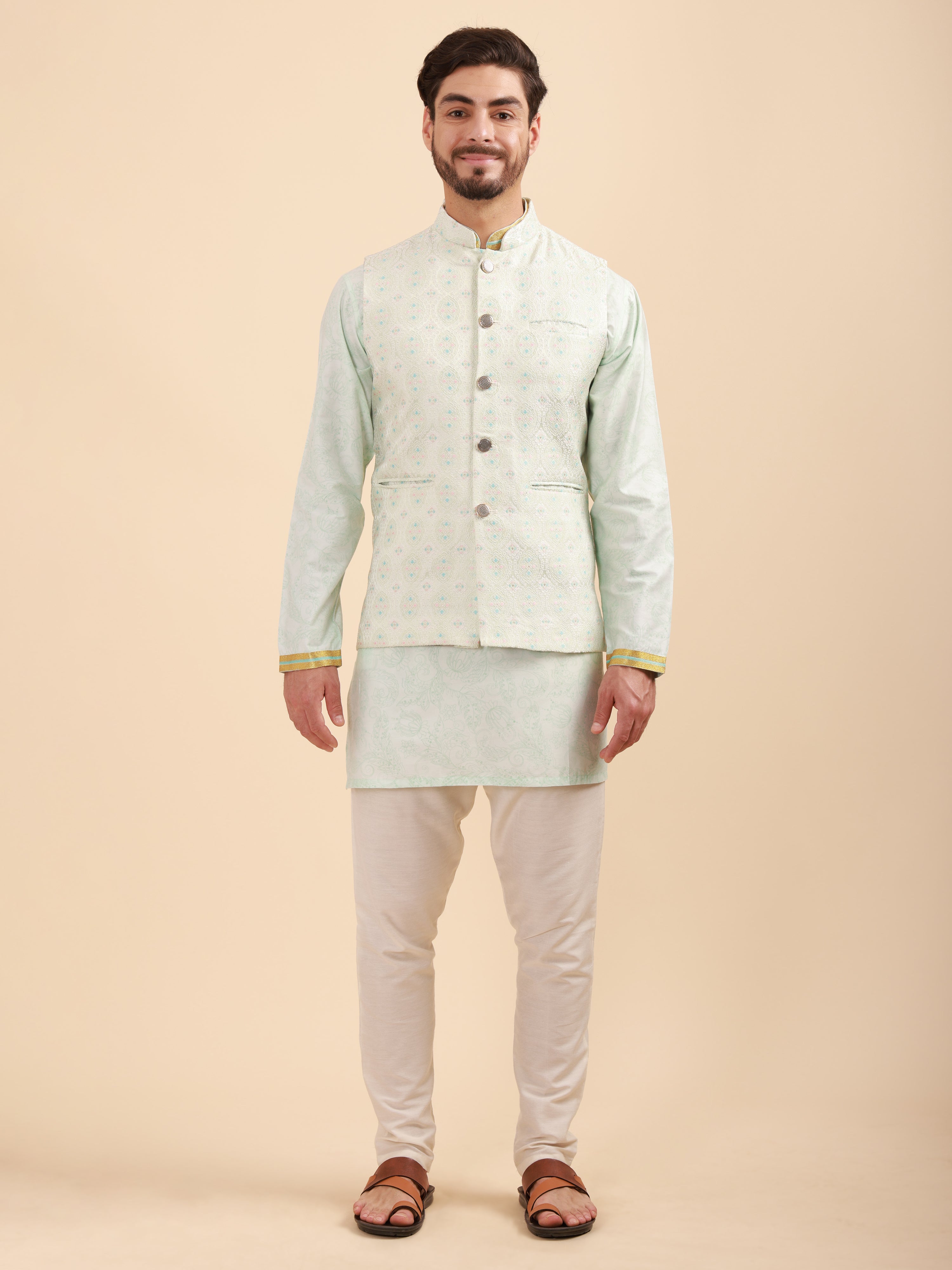 Men Printed Kurta Set with Nehru Jacket & Pyjama