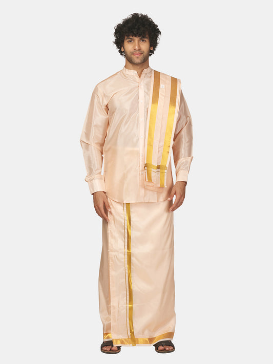 Mens Art Silk Solid Shirt with Dhoti and Angavastram