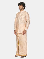 Mens Art Silk Solid Shirt with Cream Dhoti and Angavastram