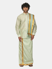 Mens Art Silk Solid Shirt with Cream Dhoti and Angavastram