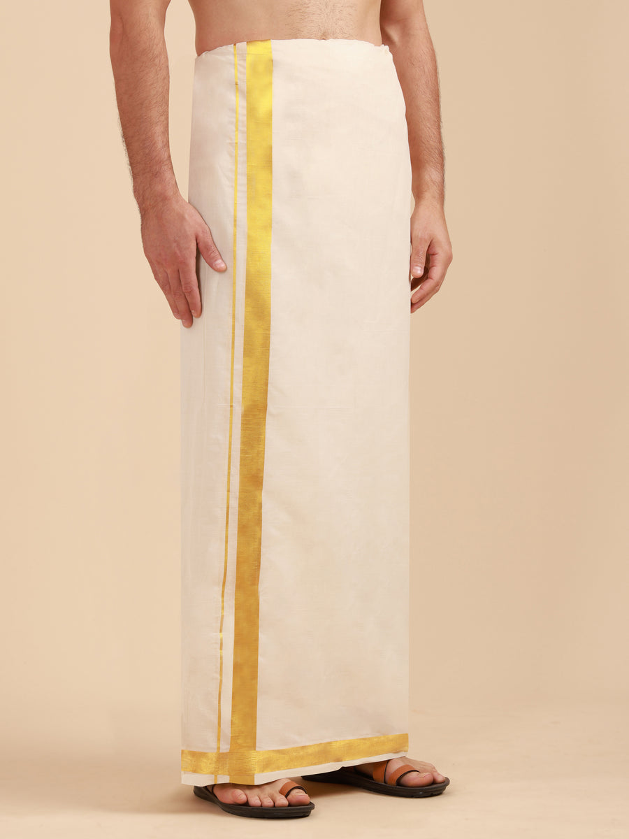 Men Super Fine 2Ply Cotton Regular Dhoti with Gold Jari Border