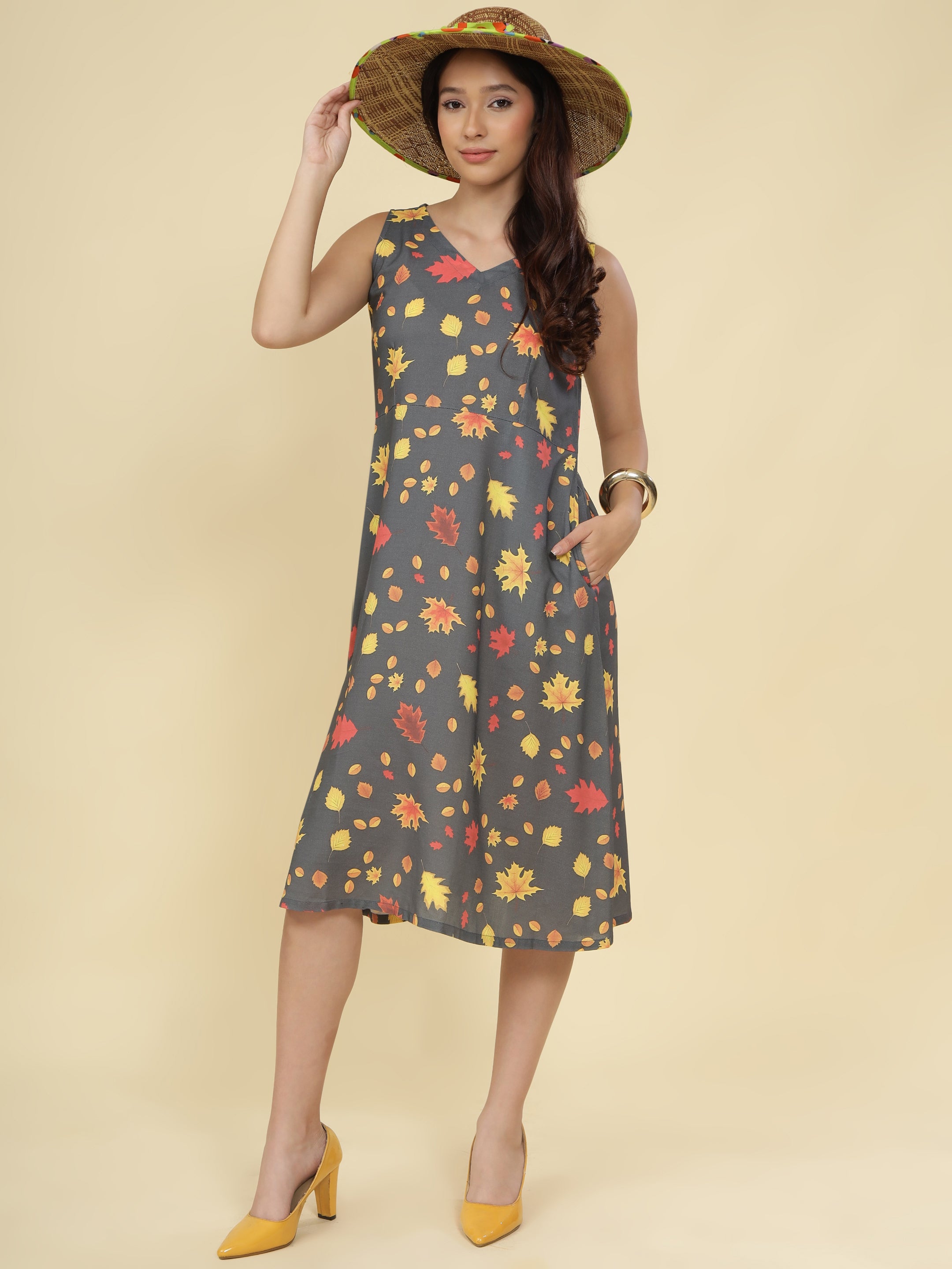 Women Grey Ethnic Motifs Digital Print Fit and Flare Midi Dress
