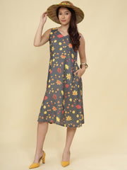 Women Grey Ethnic Motifs Digital Print Fit and Flare Midi Dress