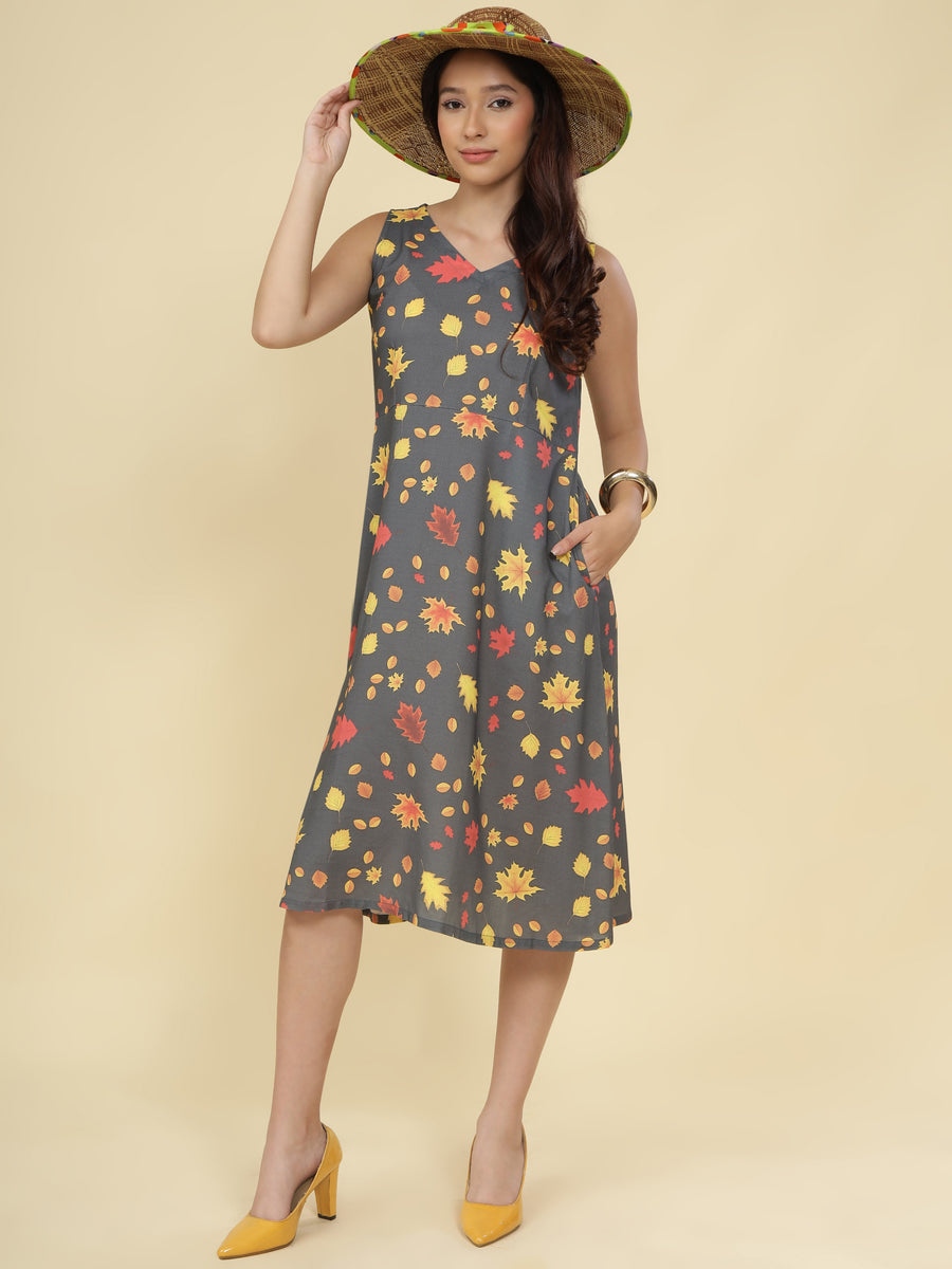 Women Grey Ethnic Motifs Digital Print Fit and Flare Midi Dress