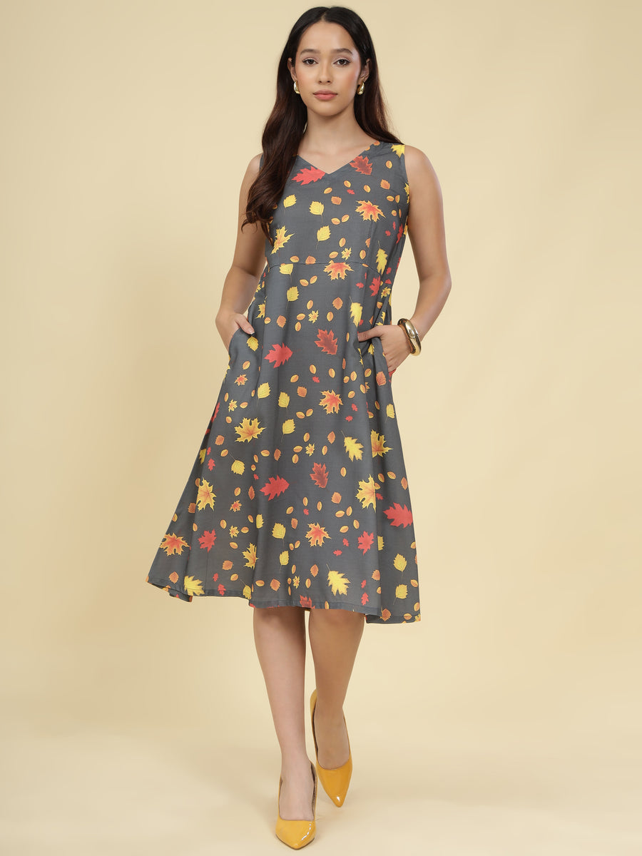 Women Grey Ethnic Motifs Digital Print Fit and Flare Midi Dress