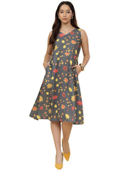 Women Grey Ethnic Motifs Digital Print Fit and Flare Midi Dress