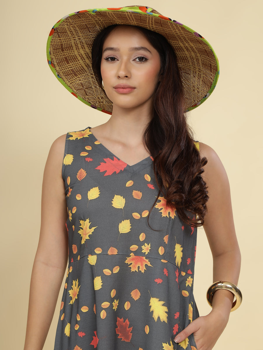 Women Grey Ethnic Motifs Digital Print Fit and Flare Midi Dress