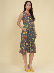 Women Grey Ethnic Motifs Digital Print Fit and Flare Midi Dress