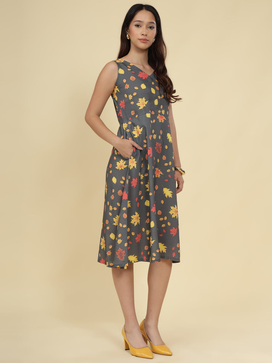 Women Grey Ethnic Motifs Digital Print Fit and Flare Midi Dress