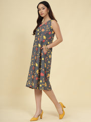 Women Grey Ethnic Motifs Digital Print Fit and Flare Midi Dress