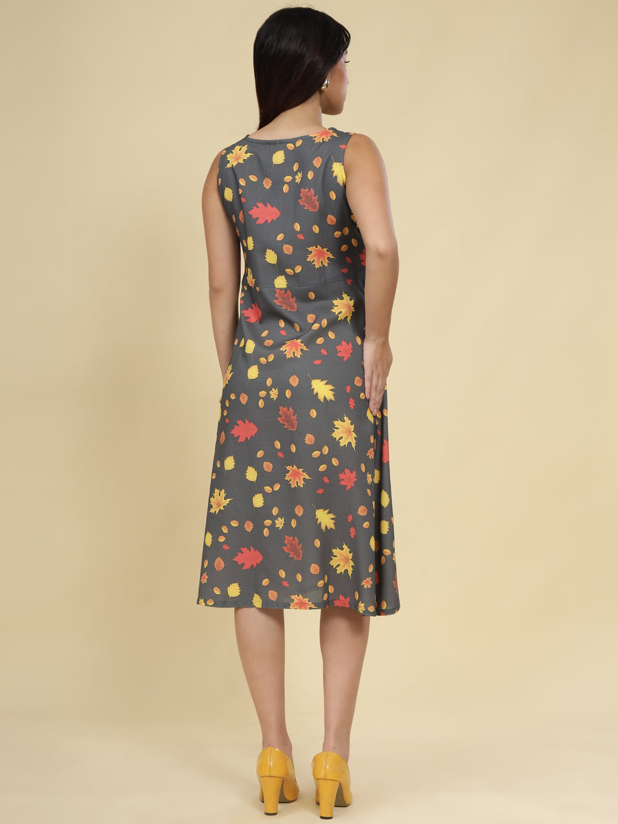 Women Grey Ethnic Motifs Digital Print Fit and Flare Midi Dress