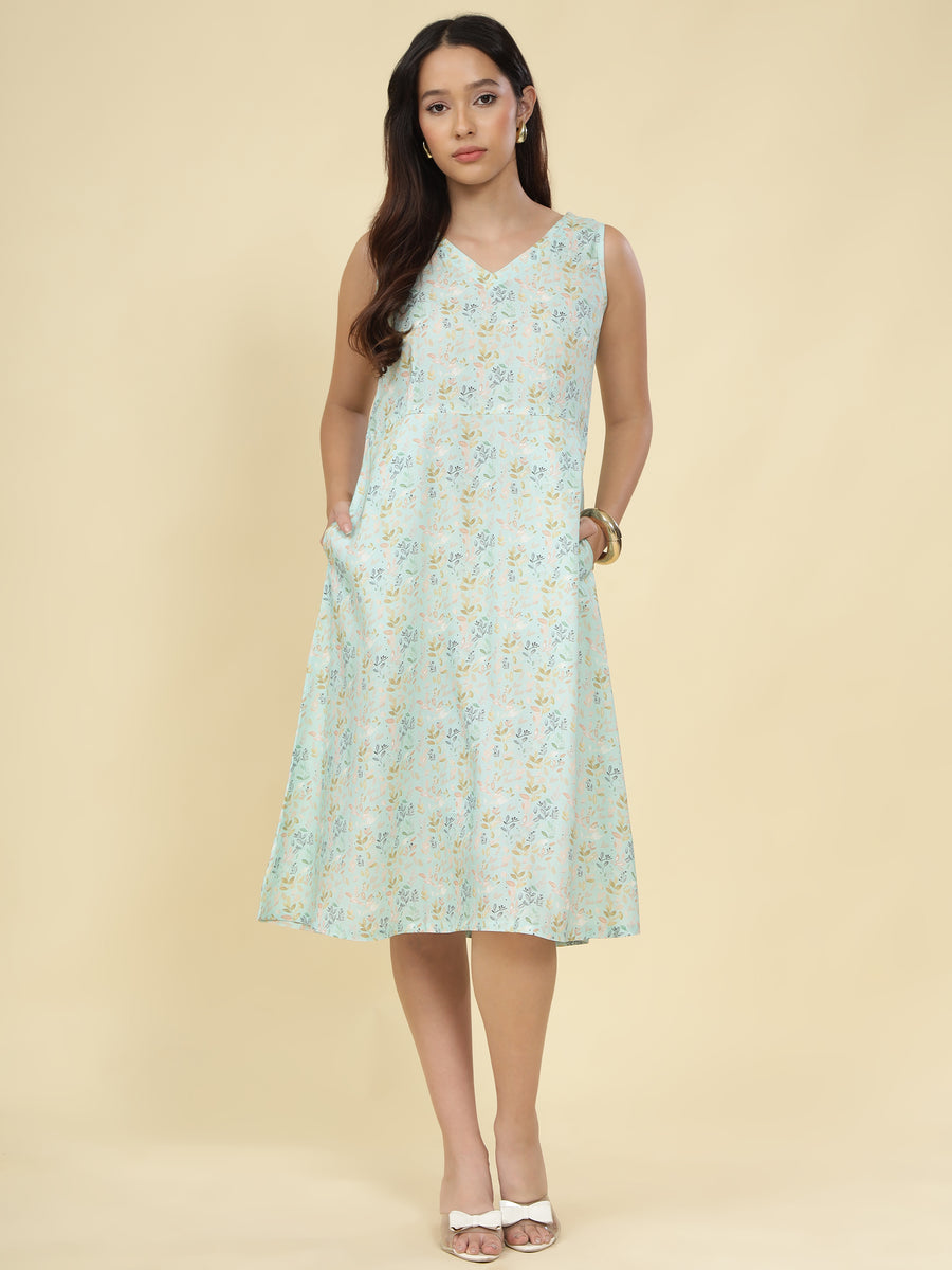 Women Light Blue Ethnic Motifs Digital Print Fit and Flare Midi Dress