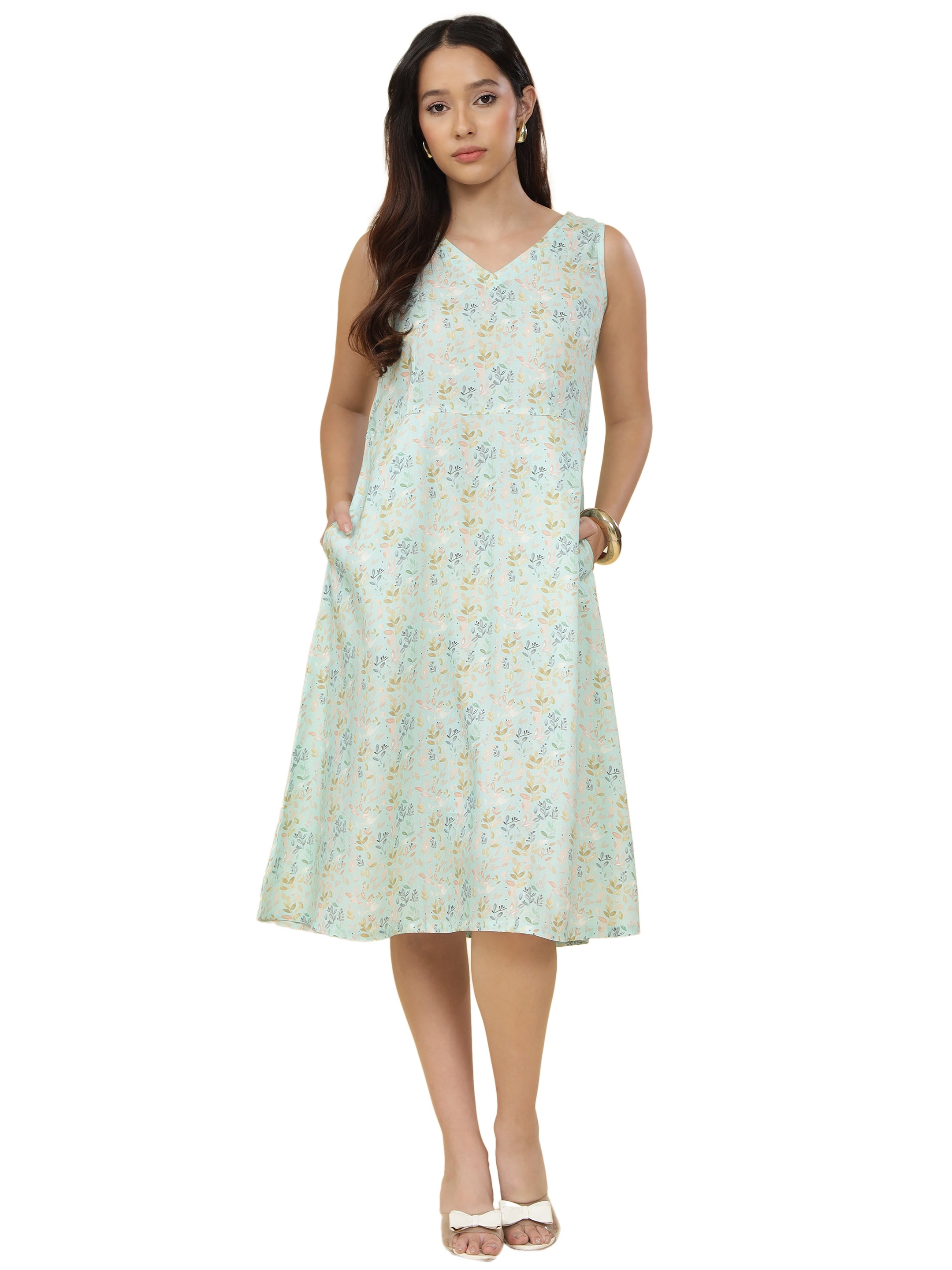 Women Light Blue Ethnic Motifs Digital Print Fit and Flare Midi Dress