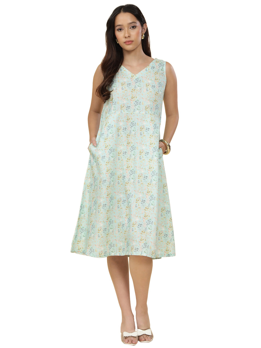 Women Light Blue Ethnic Motifs Digital Print Fit and Flare Midi Dress