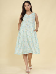 Women Light Blue Ethnic Motifs Digital Print Fit and Flare Midi Dress