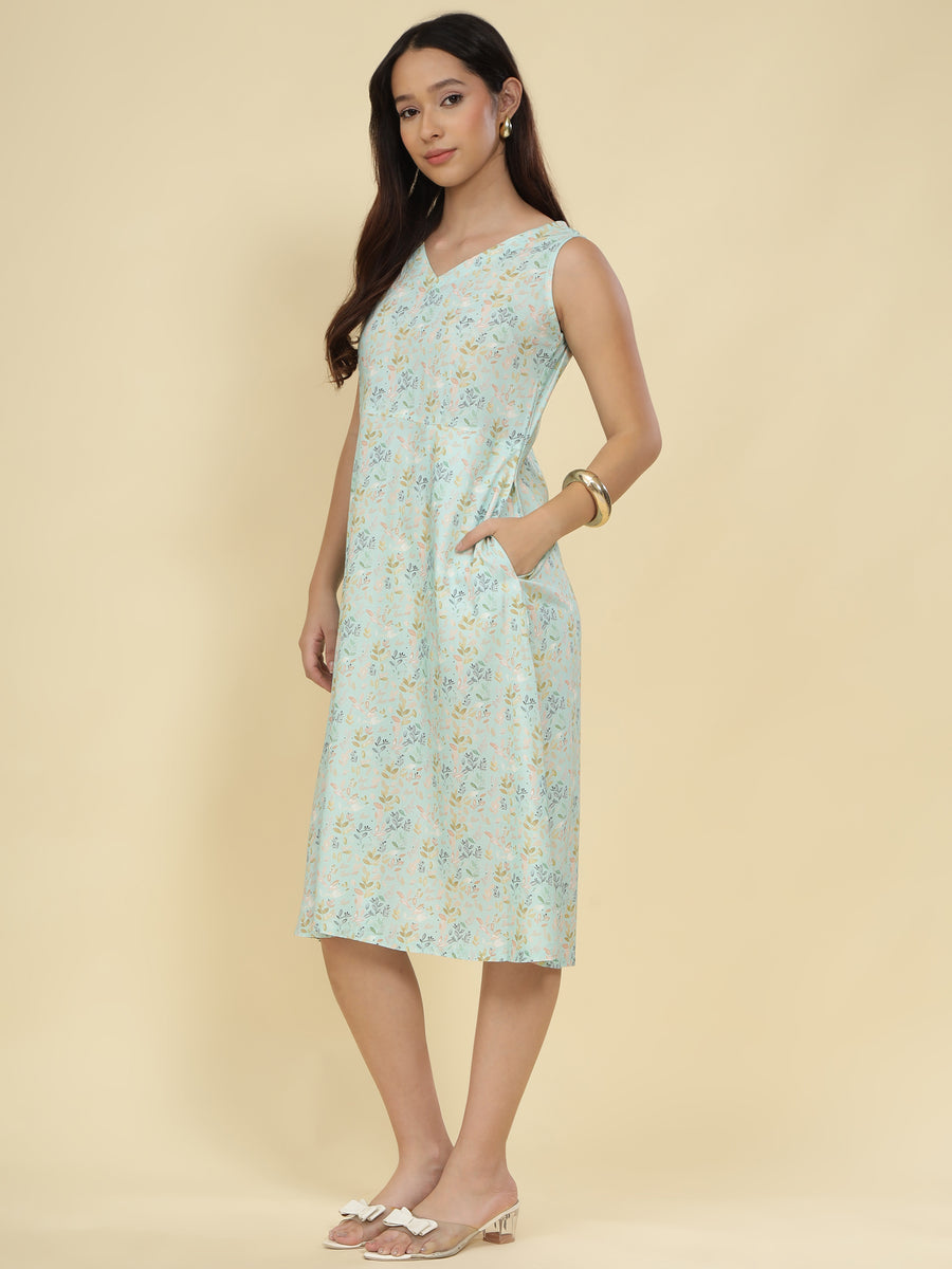 Women Light Blue Ethnic Motifs Digital Print Fit and Flare Midi Dress