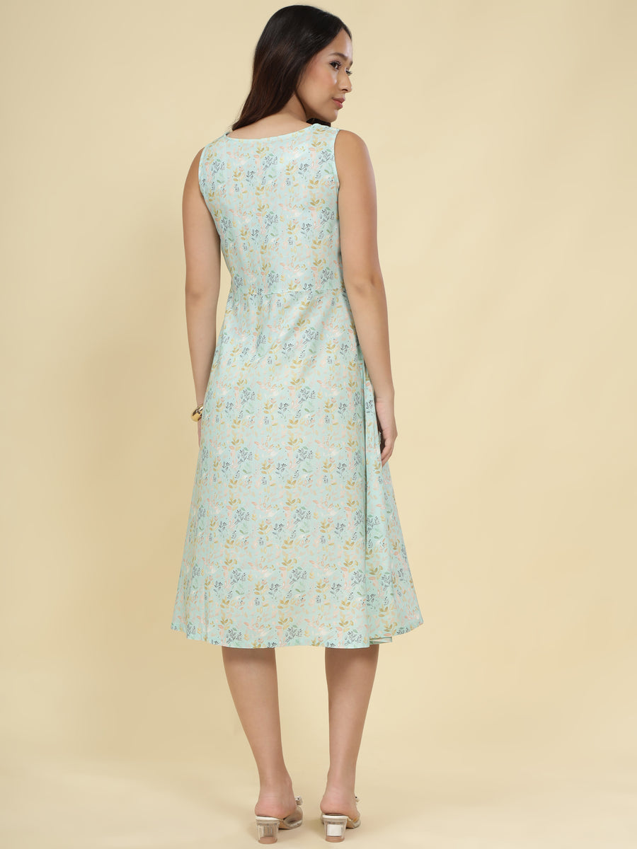 Women Light Blue Ethnic Motifs Digital Print Fit and Flare Midi Dress