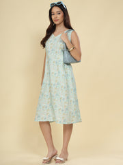 Women Light Blue Ethnic Motifs Digital Print Fit and Flare Midi Dress