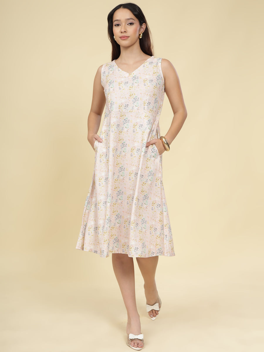 Women Cream Ethnic Motifs Digital Print Fit and Flare Midi Dress
