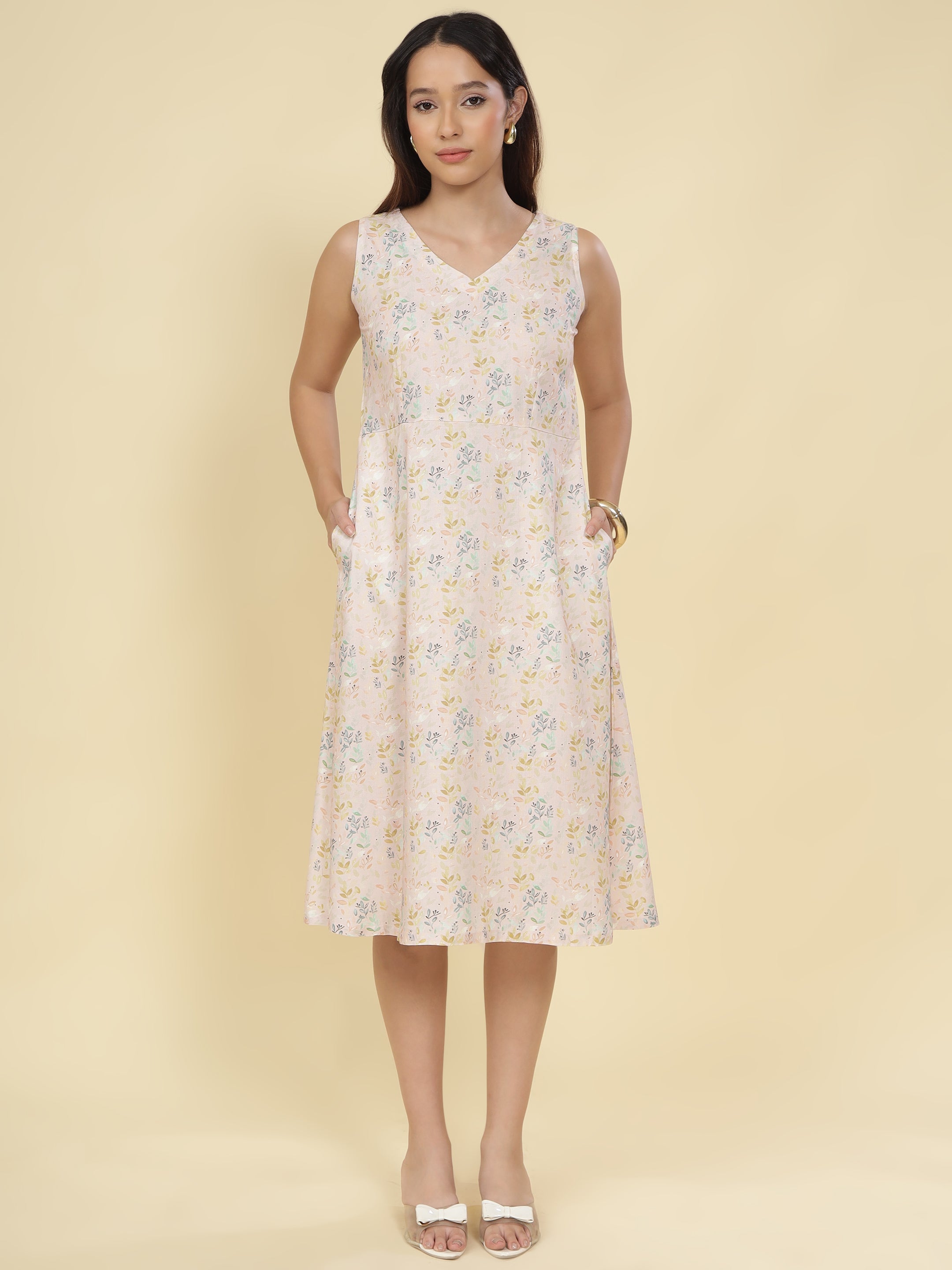 Women Cream Ethnic Motifs Digital Print Fit and Flare Midi Dress