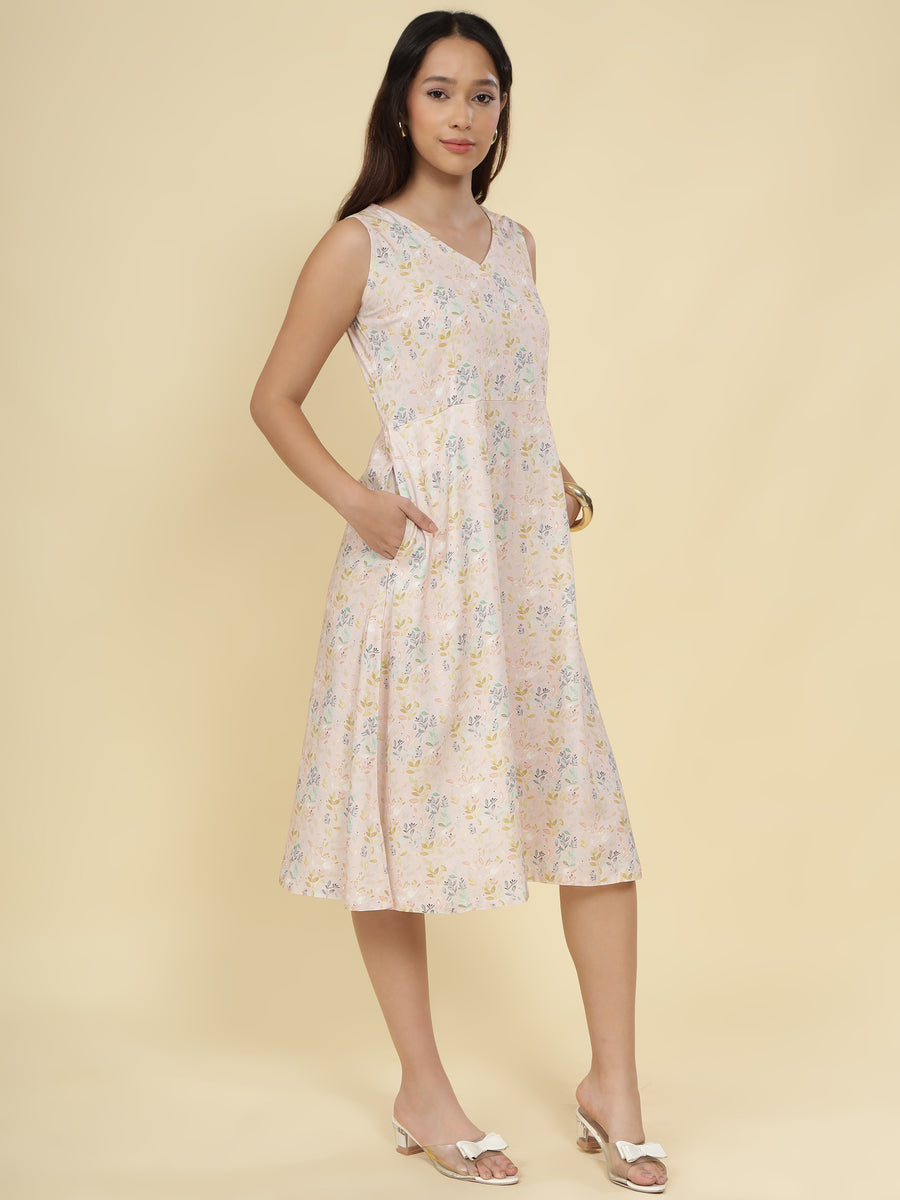 Women Cream Ethnic Motifs Digital Print Fit and Flare Midi Dress