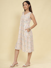 Women Cream Ethnic Motifs Digital Print Fit and Flare Midi Dress