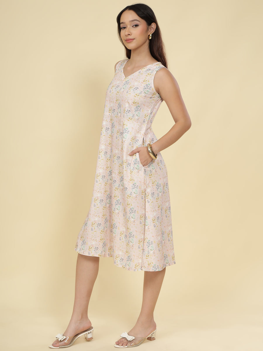 Women Cream Ethnic Motifs Digital Print Fit and Flare Midi Dress