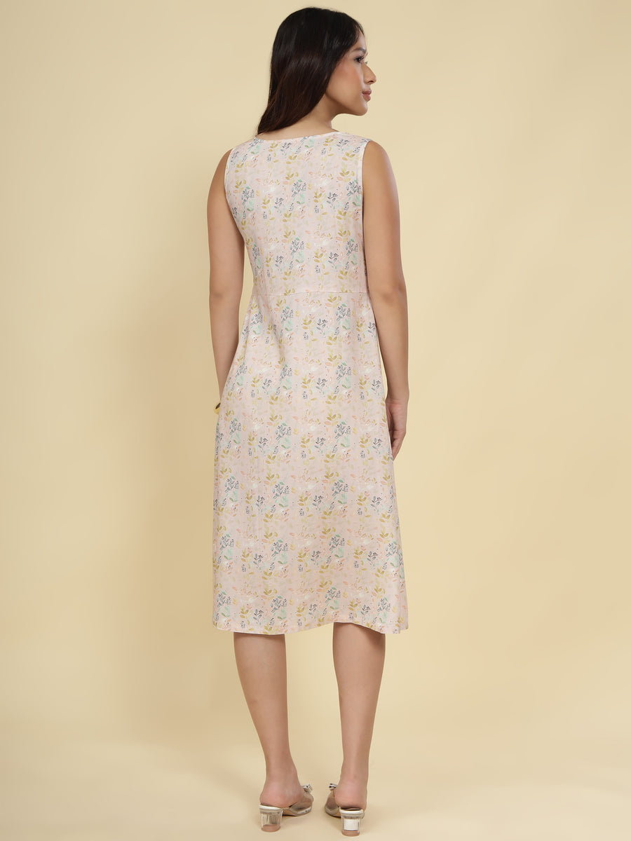 Women Cream Ethnic Motifs Digital Print Fit and Flare Midi Dress