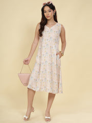 Women Cream Ethnic Motifs Digital Print Fit and Flare Midi Dress