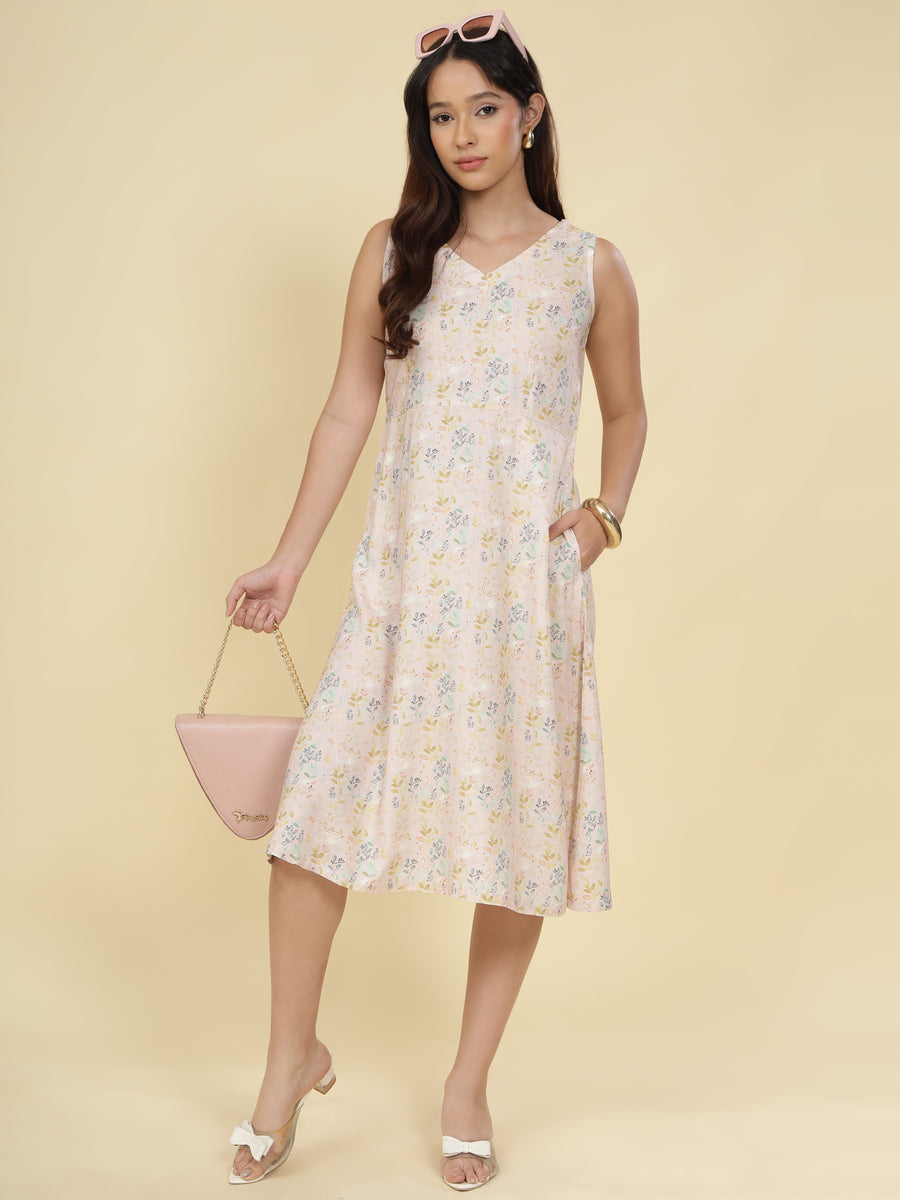 Women Cream Ethnic Motifs Digital Print Fit and Flare Midi Dress