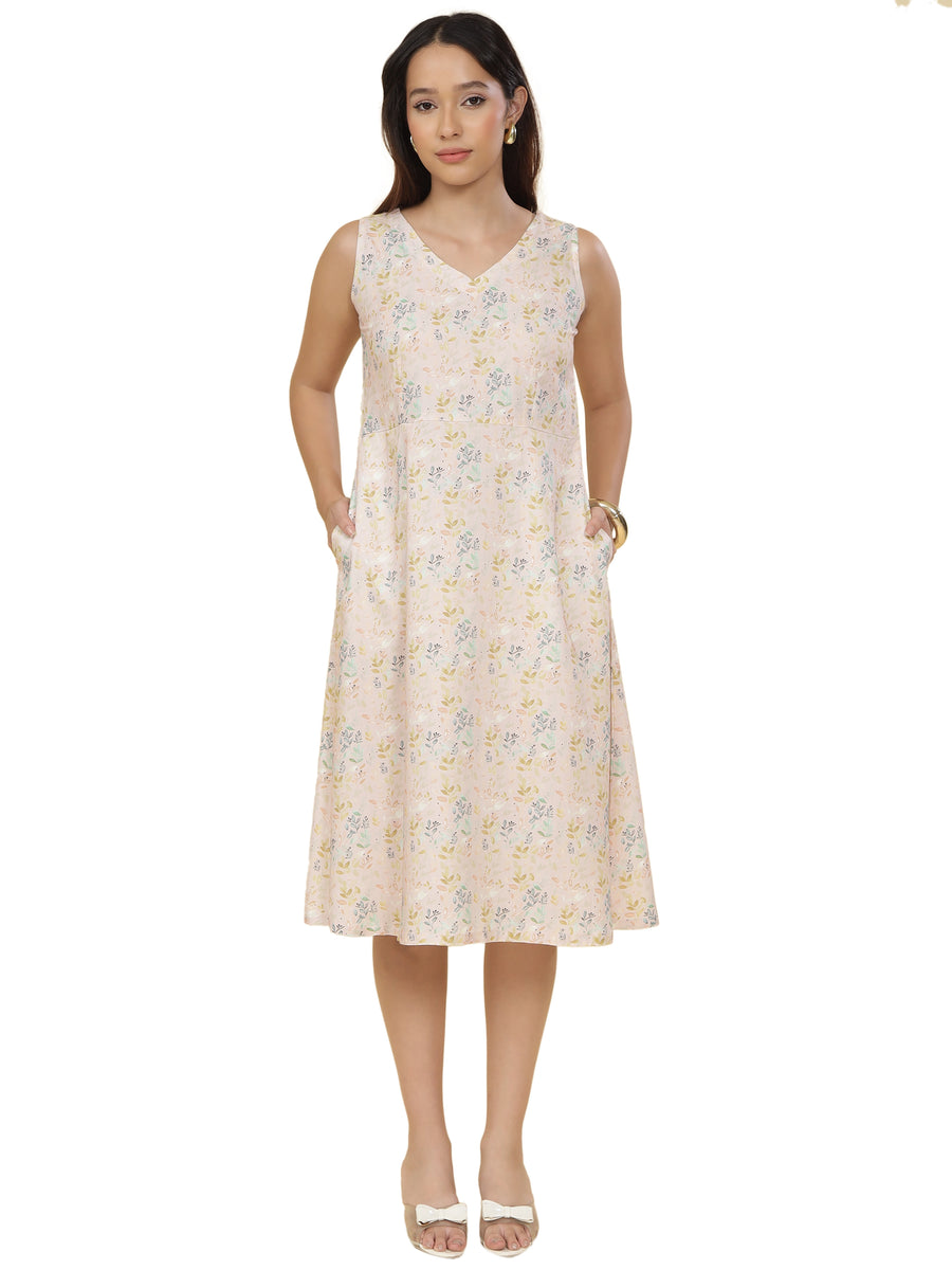 Women Cream Ethnic Motifs Digital Print Fit and Flare Midi Dress