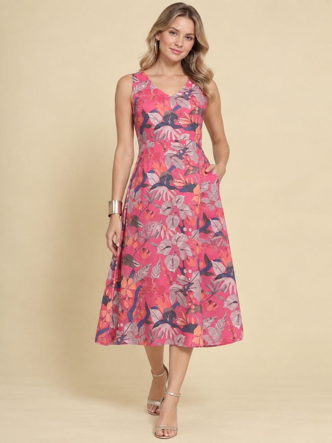 Women Pink Ethnic Motifs Digital Print Fit and Flare Midi Dress