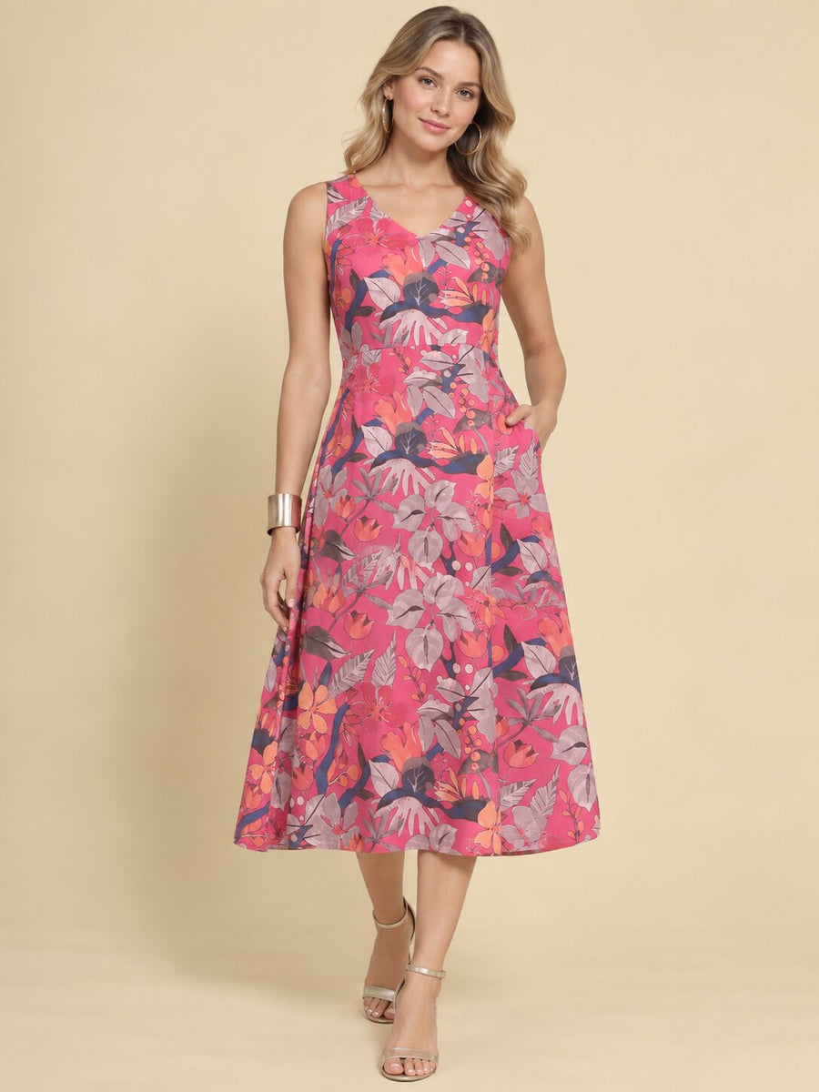 Women Pink Ethnic Motifs Digital Print Fit and Flare Midi Dress