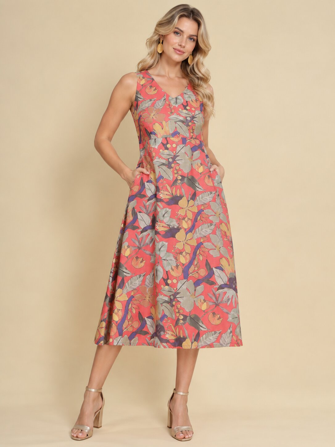 Women Red Ethnic Motifs Digital Print Fit and Flare Midi Dress
