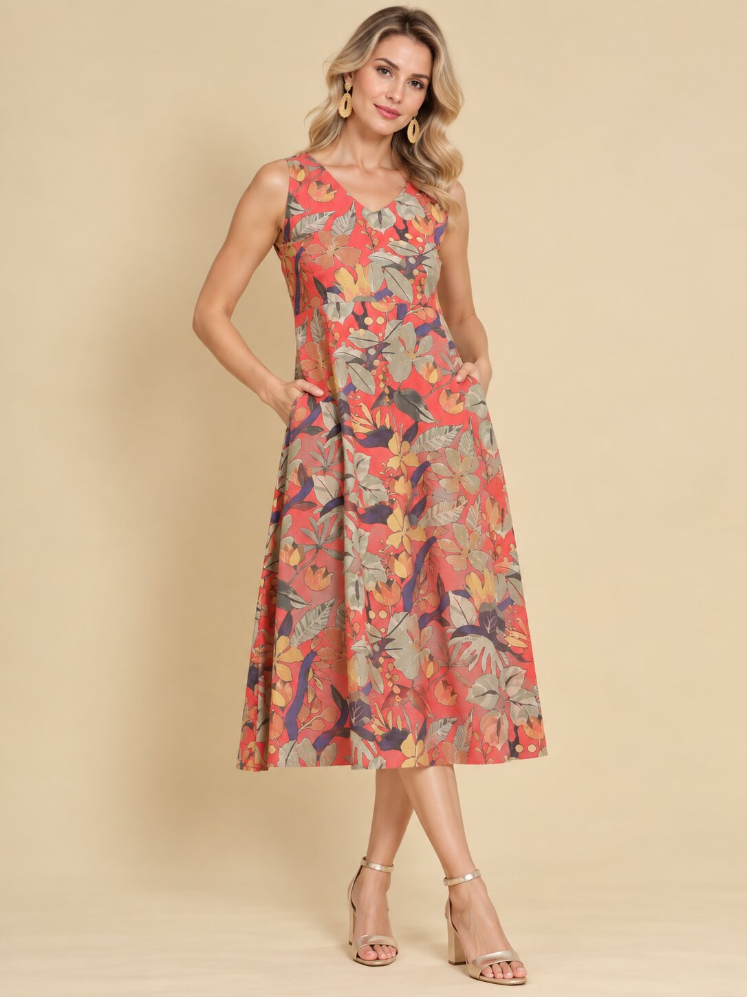 Women Red Ethnic Motifs Digital Print Fit and Flare Midi Dress