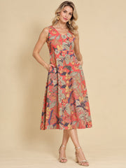 Women Red Ethnic Motifs Digital Print Fit and Flare Midi Dress