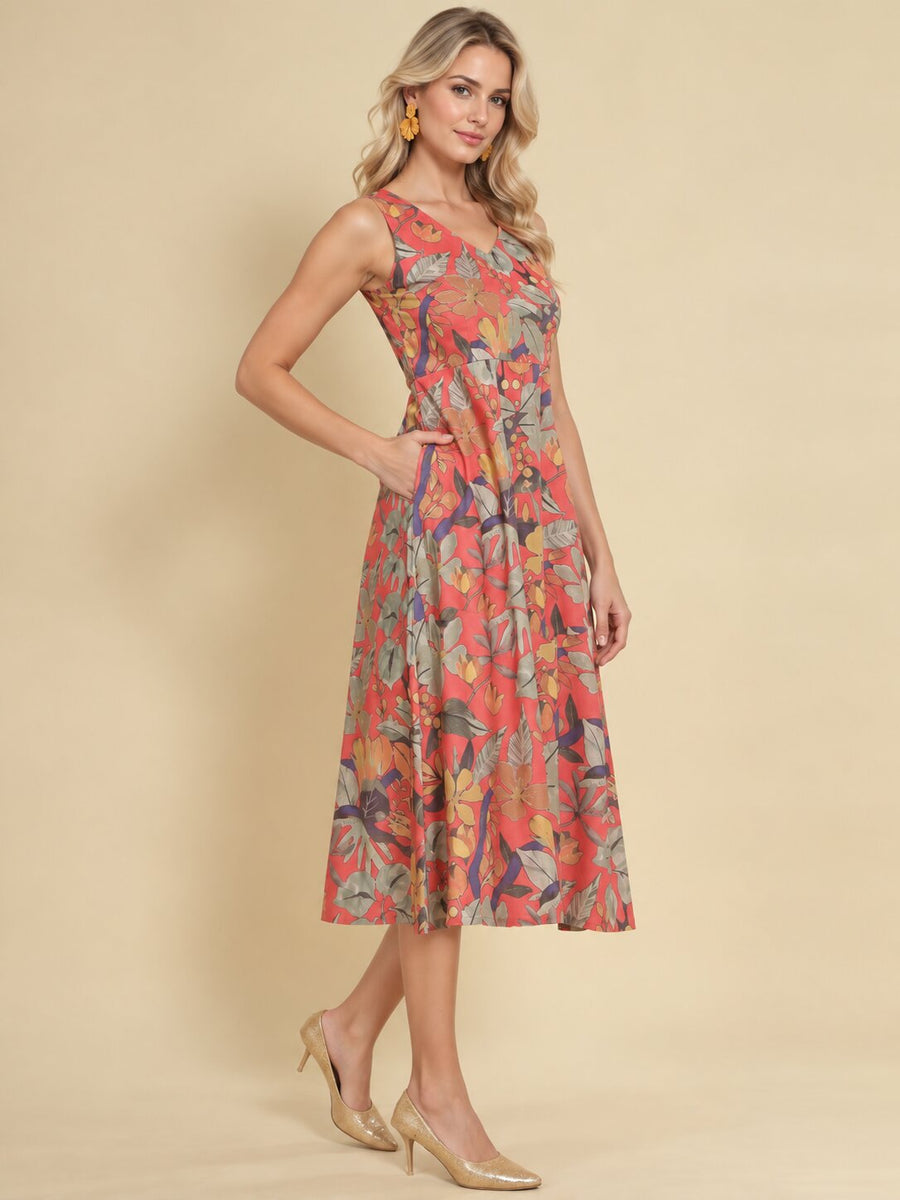 Women Red Ethnic Motifs Digital Print Fit and Flare Midi Dress