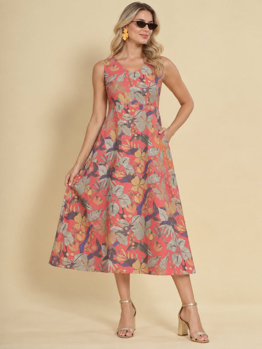 Women Red Ethnic Motifs Digital Print Fit and Flare Midi Dress