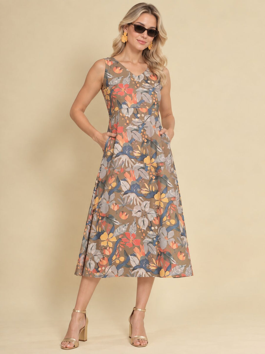 Women Khaki Brown Ethnic Motifs Digital Print Fit and Flare Midi Dress