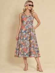 Women Khaki Brown Ethnic Motifs Digital Print Fit and Flare Midi Dress
