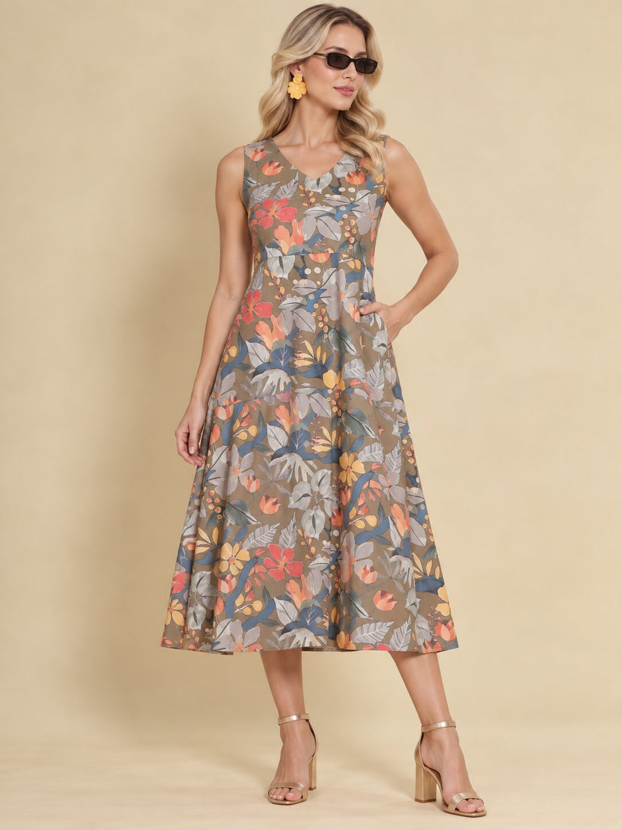 Women Khaki Brown Ethnic Motifs Digital Print Fit and Flare Midi Dress