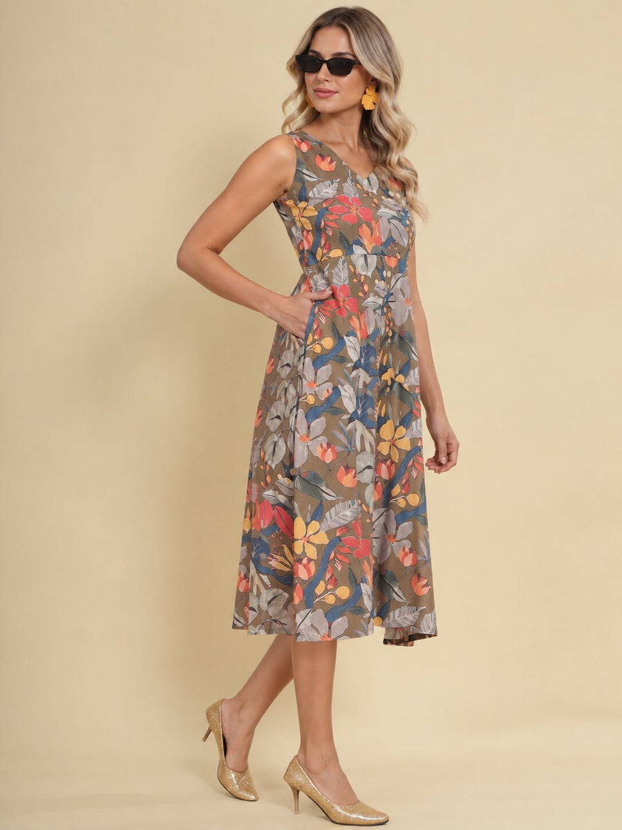 Women Khaki Brown Ethnic Motifs Digital Print Fit and Flare Midi Dress