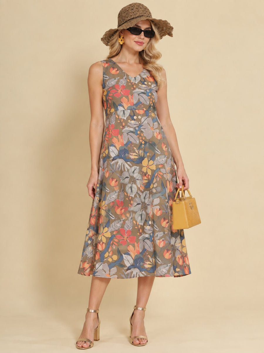 Women Khaki Brown Ethnic Motifs Digital Print Fit and Flare Midi Dress