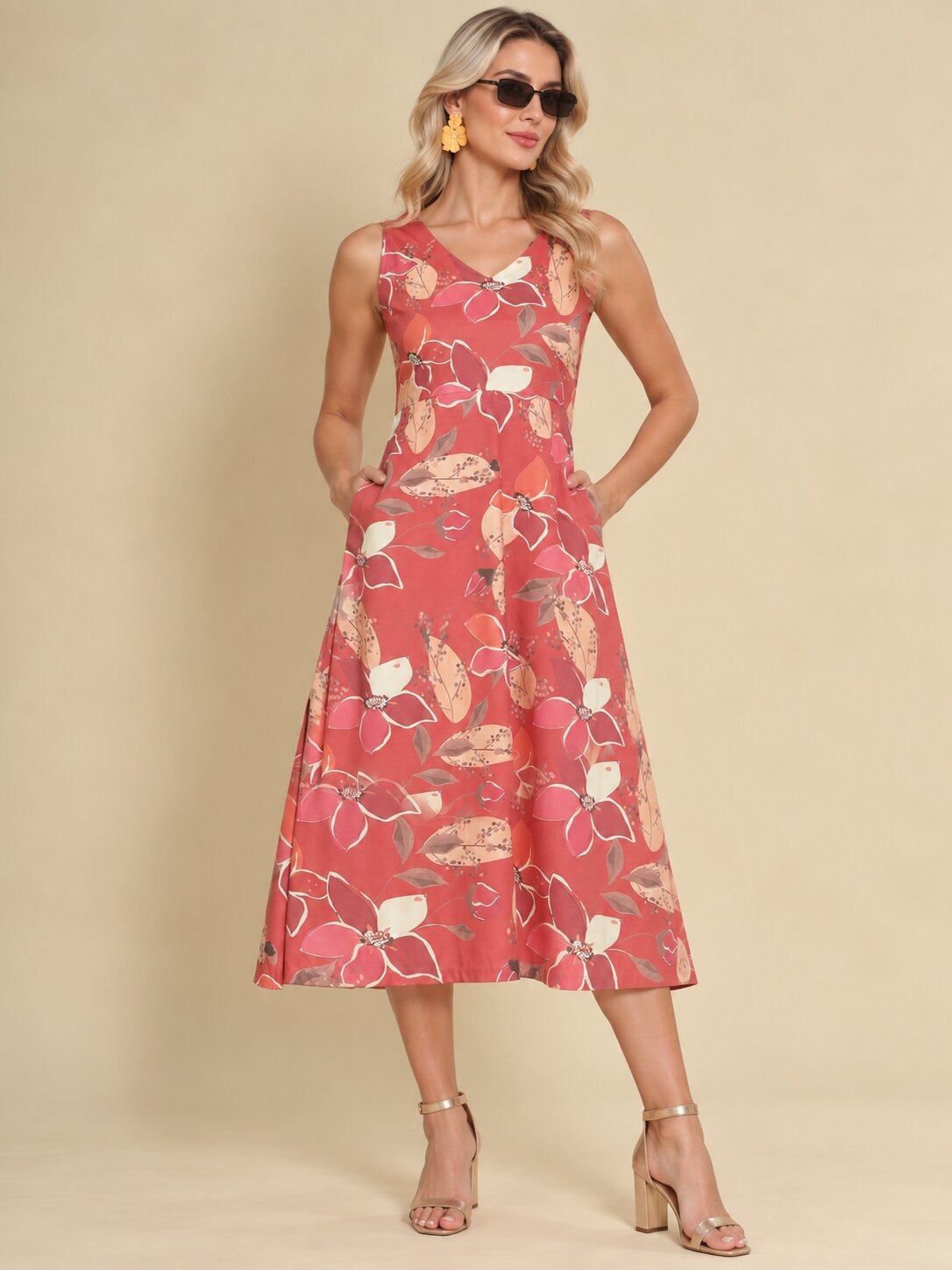 Women Burgundy Ethnic Motifs Digital Print Fit and Flare Midi Dress