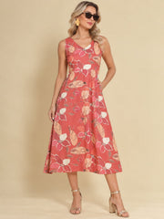 Women Burgundy Ethnic Motifs Digital Print Fit and Flare Midi Dress