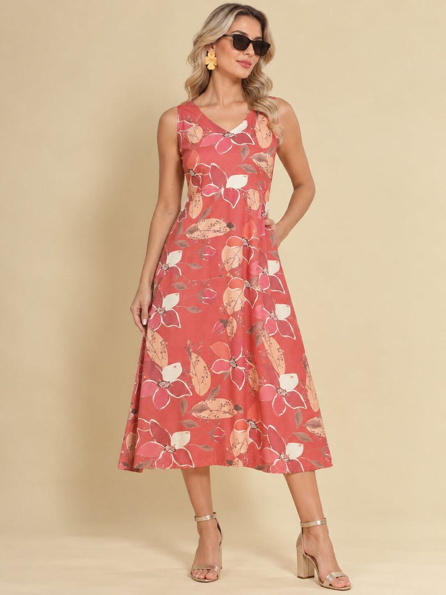Women Burgundy Ethnic Motifs Digital Print Fit and Flare Midi Dress