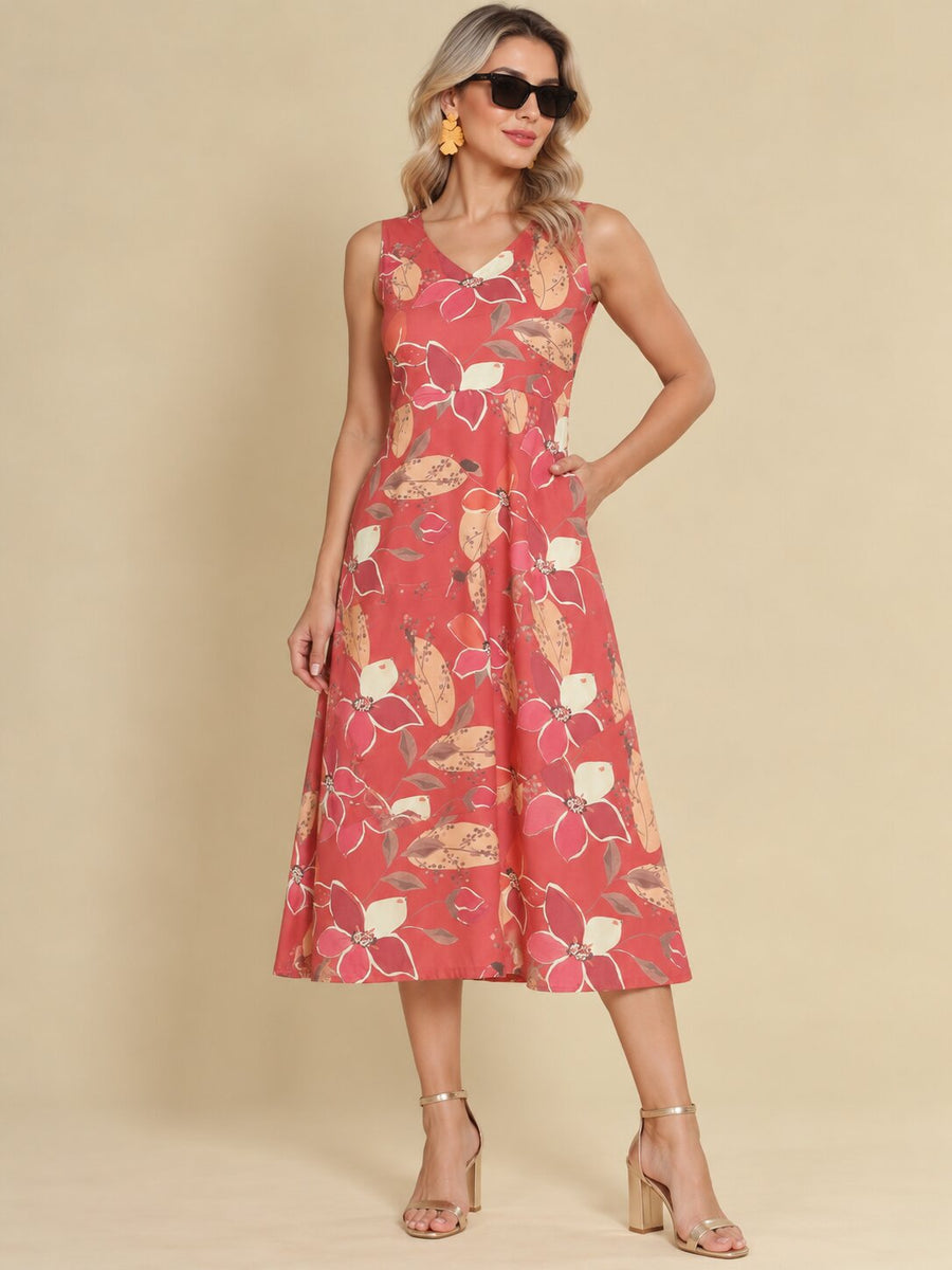 Women Burgundy Ethnic Motifs Digital Print Fit and Flare Midi Dress