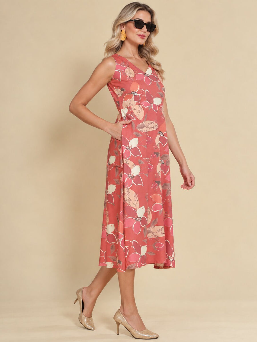 Women Burgundy Ethnic Motifs Digital Print Fit and Flare Midi Dress
